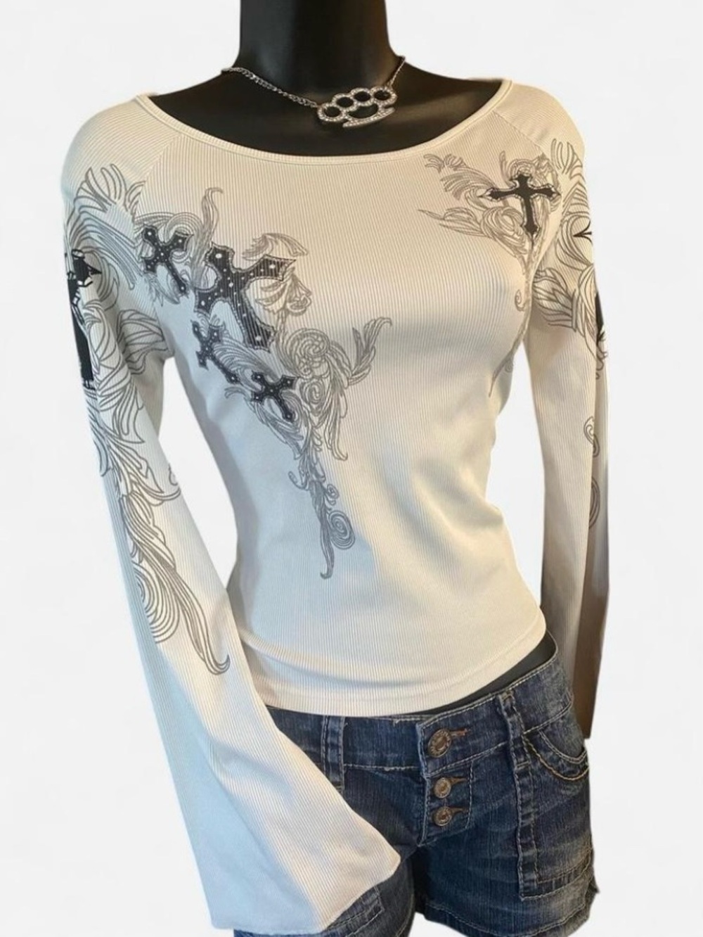 Grunge White, Black & Grey Flare Longsleeve Top with across Design